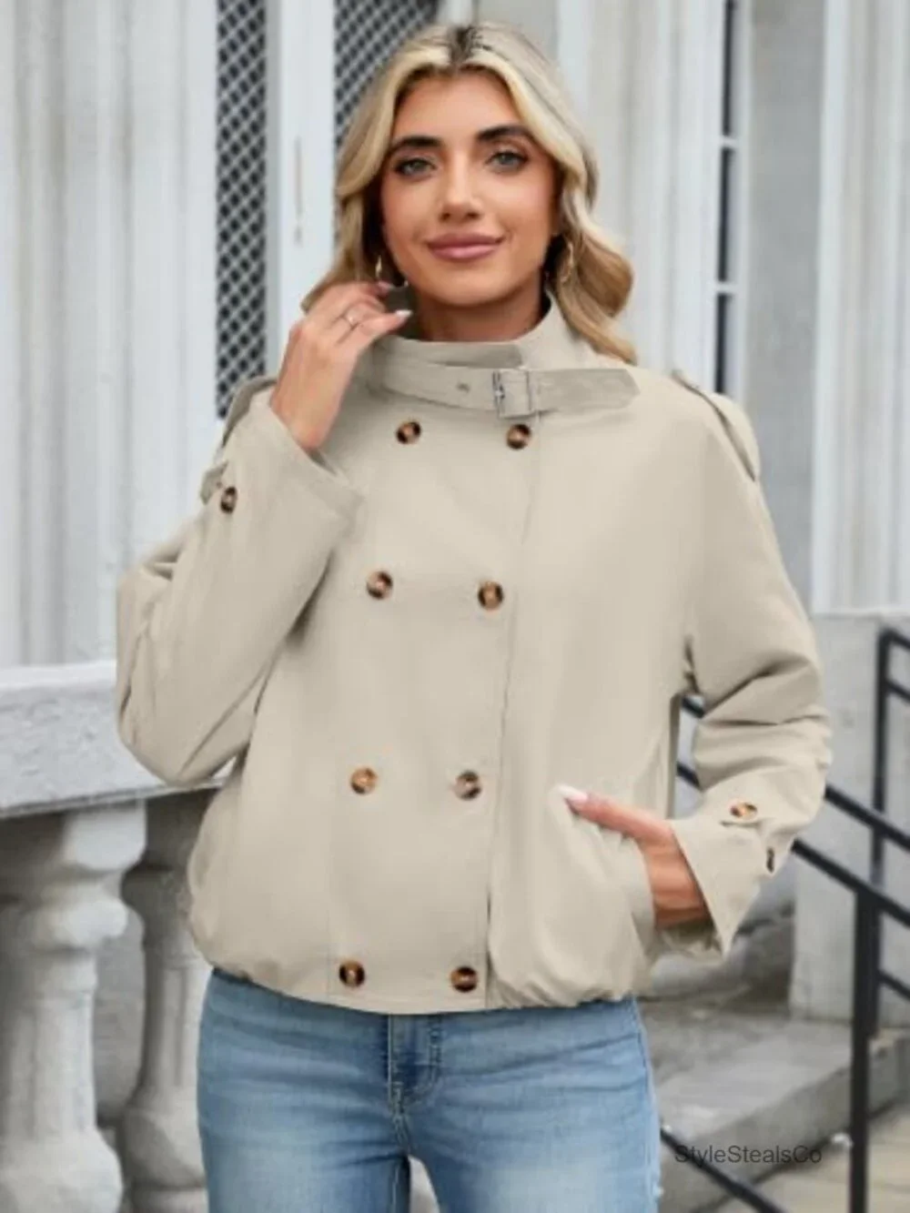 Cropped Trench Coat Vintage Button Jacket with Pockets